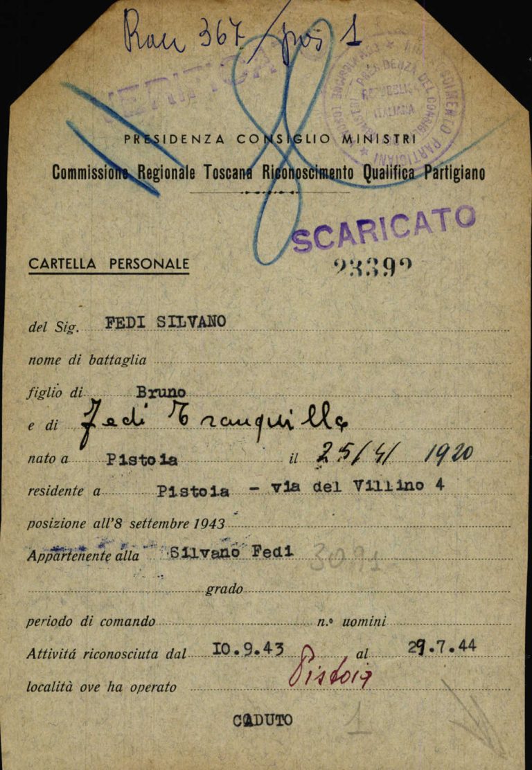 Scheda di riconoscimento di qualifica partigiano di Silvano Fedi, Commissione Regionale Toscana