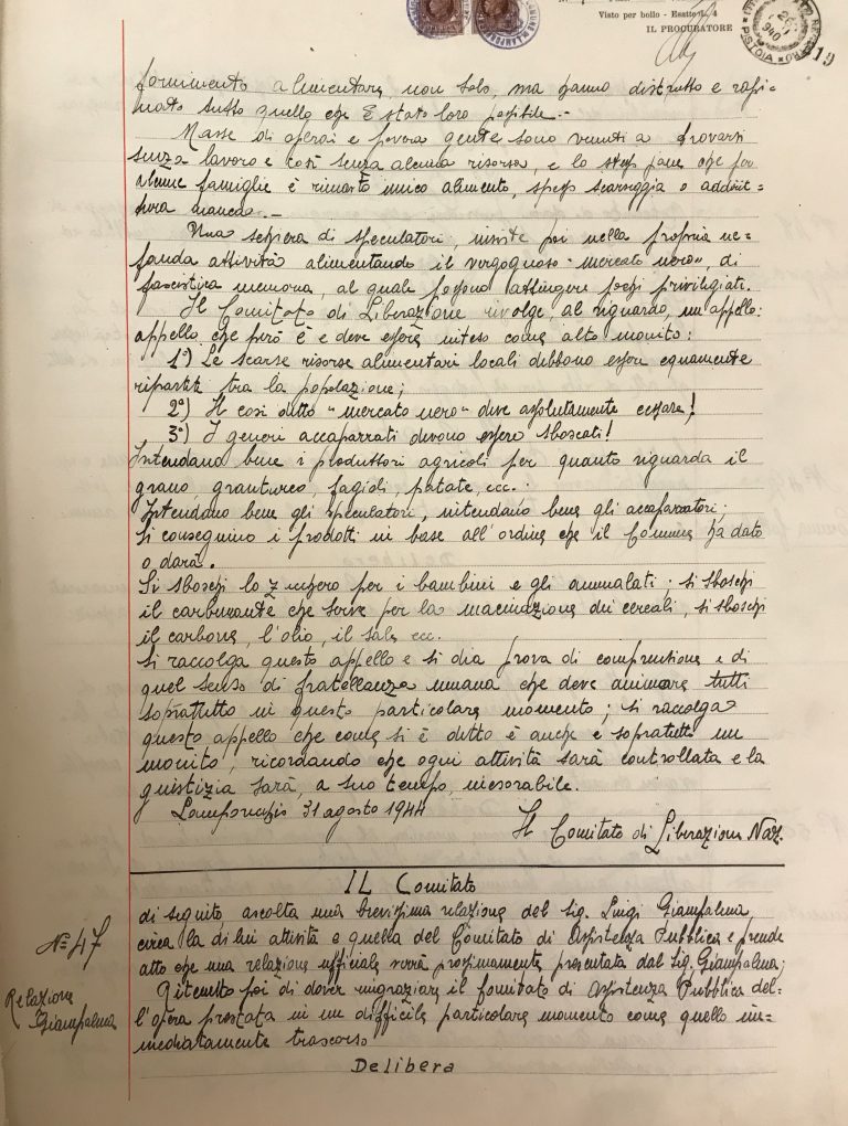 Figura 3 Seconda pagina del Verbale di insediamento del CLN sezione Lamporecchio, il 3 settembre 1944. Archivio storico del Comune di Lamporecchio, serie I, registro 49