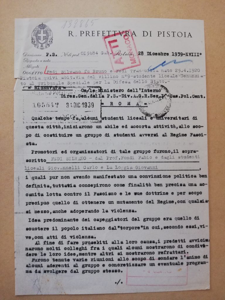 Denuncia della Regia Prefettura di Pistoia al Tribunale Speciale per la Difesa dello Stato