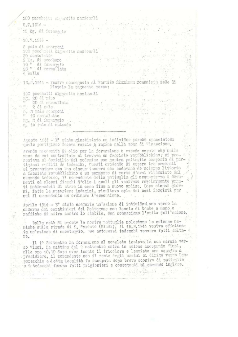 Pagina 6 della relazione partigiana delle Squadre Franche Libertarie dove si parla della liberazione di Lamporecchio