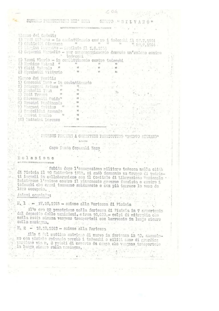 Prima pagina della Relazione partigiana delle Squadre Franche