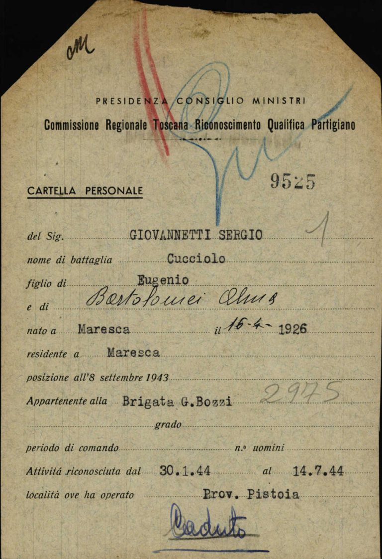Scheda di riconoscimento della qualifica di partigiano di Sergio Giovannetti, Archivio centrale dello Stato, fondo Ricompart