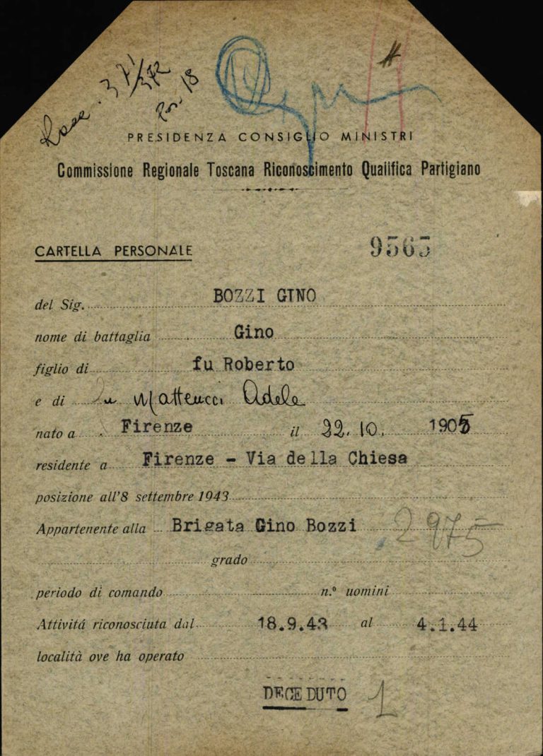 Scheda di riconoscimento della qualifica di partigiano di Gino Bozzi, Archivio Centrale dello Stato, fondo Ricompart