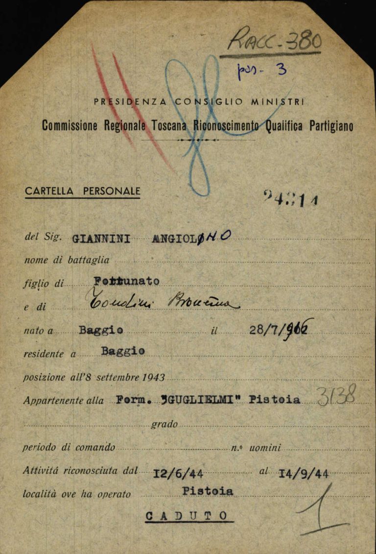 Scheda di riconoscimento della qualifica di partigiano di Angelo Giannini, Archivio centrale dello Stato, fondo Ricompart