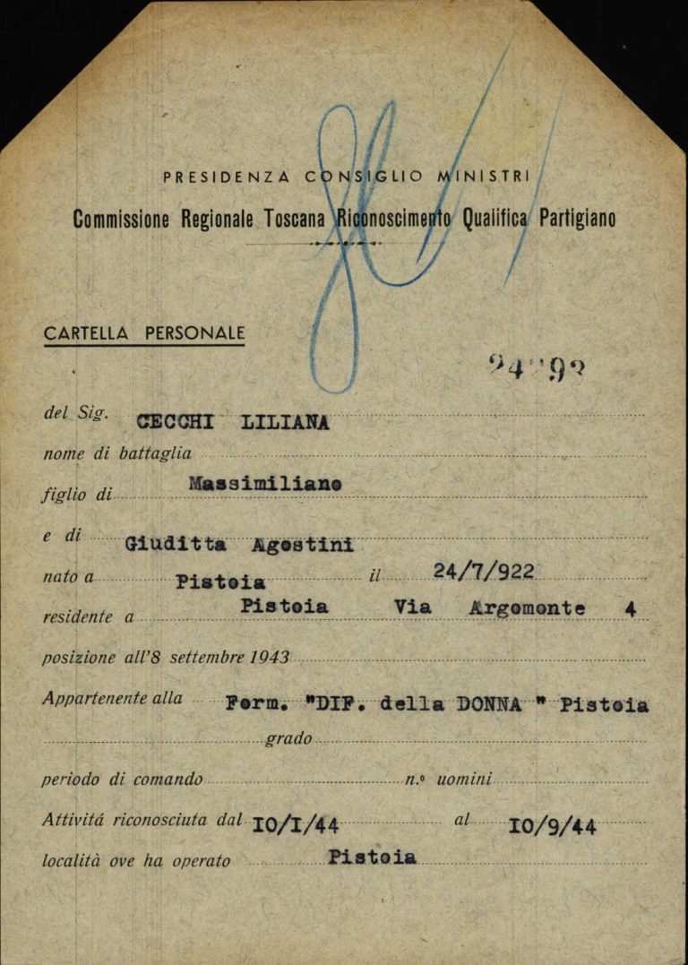 Scheda di riconoscimento della qualifica di partigiana di Liliana Cecchi, Archivio centrale dello Stato, fondo Ricompart
