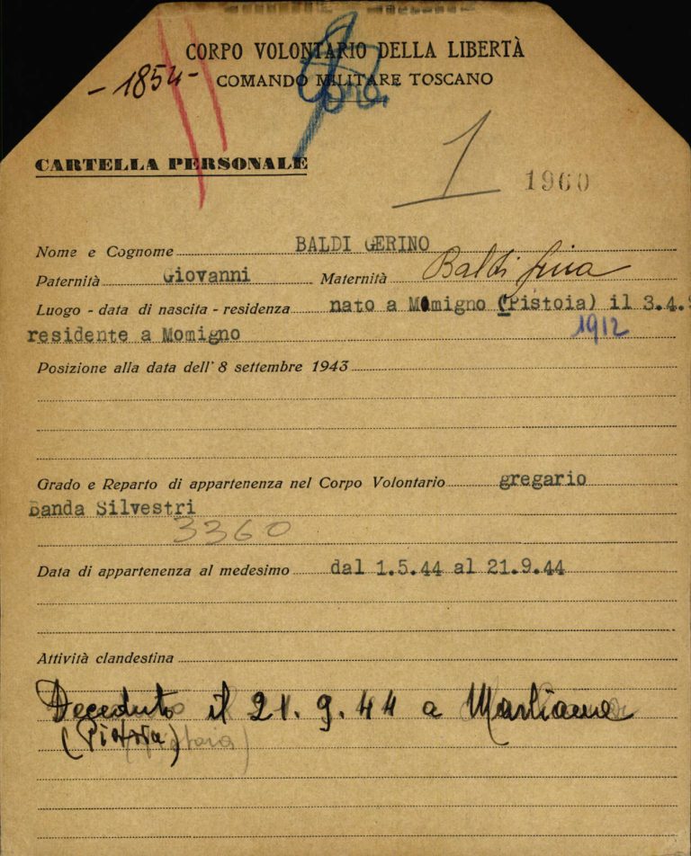 Scheda di riconoscimento della qualifica di partigiano relativa a Gerino Baldi, fronte. Archivio Centrale dello Stato, fondo Ricompart