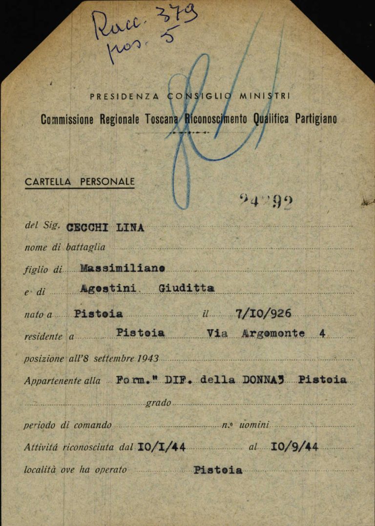 Scheda di riconoscimento della qualifica di partigiana di Lina Cecchi, Archivio centrale dello Stato, fondo Ricompart
