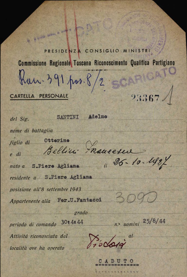 Scheda riconoscimento della qualifica di partigiano di Adelmo Santini, Archivio Centrale dello Stato, fondo Ricompart
