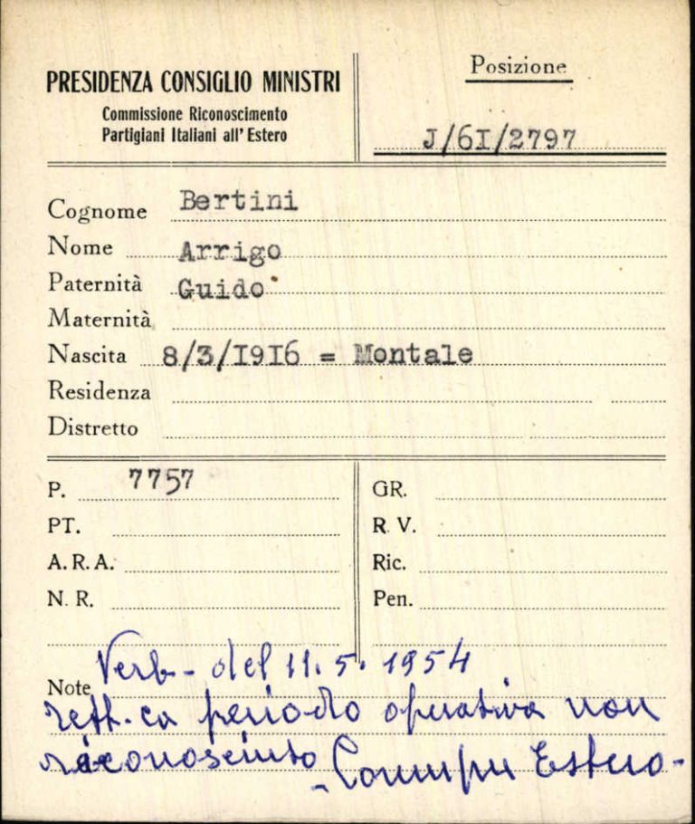 Scheda di qualifica partigiana di Arrigo Bertini, Commissione riconoscimento partigiani italiani all'estero, Archivio Centrale dello Stato, fondo Ricompart