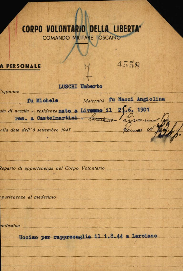 Scheda di riconoscimento della qualifica di Caduto per la lotta di Liberazione relativa a Umberto Luschi, Archivio Centrale dello Stato, fondo Ricompart