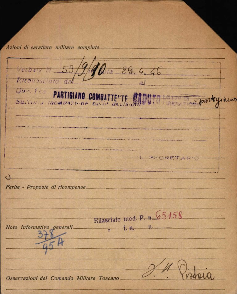 Scheda di riconoscimento della qualifica di partigiano relativa a Gerino Baldi, retro. Archivio Centrale dello Stato, fondo Ricompart