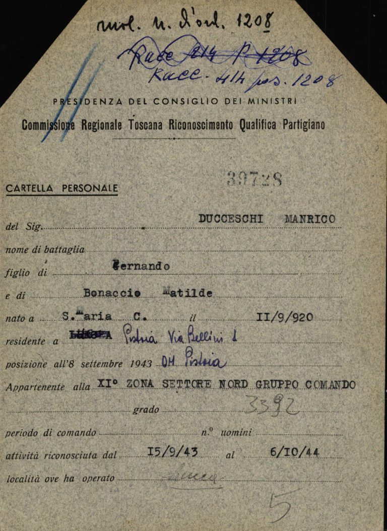 Scheda di riconoscimento della qualifica di partigiano di Manrico Ducceschi, Archivio centrale dello Stato, fondo Ricompart