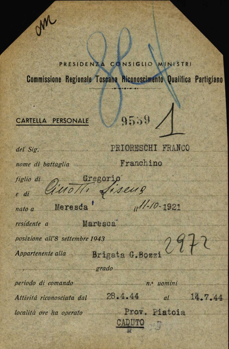Scheda di riconoscimento della qualifica di partigiano di Franco Prioreschi, Archivio centrale dello Stato, fondo Ricompart