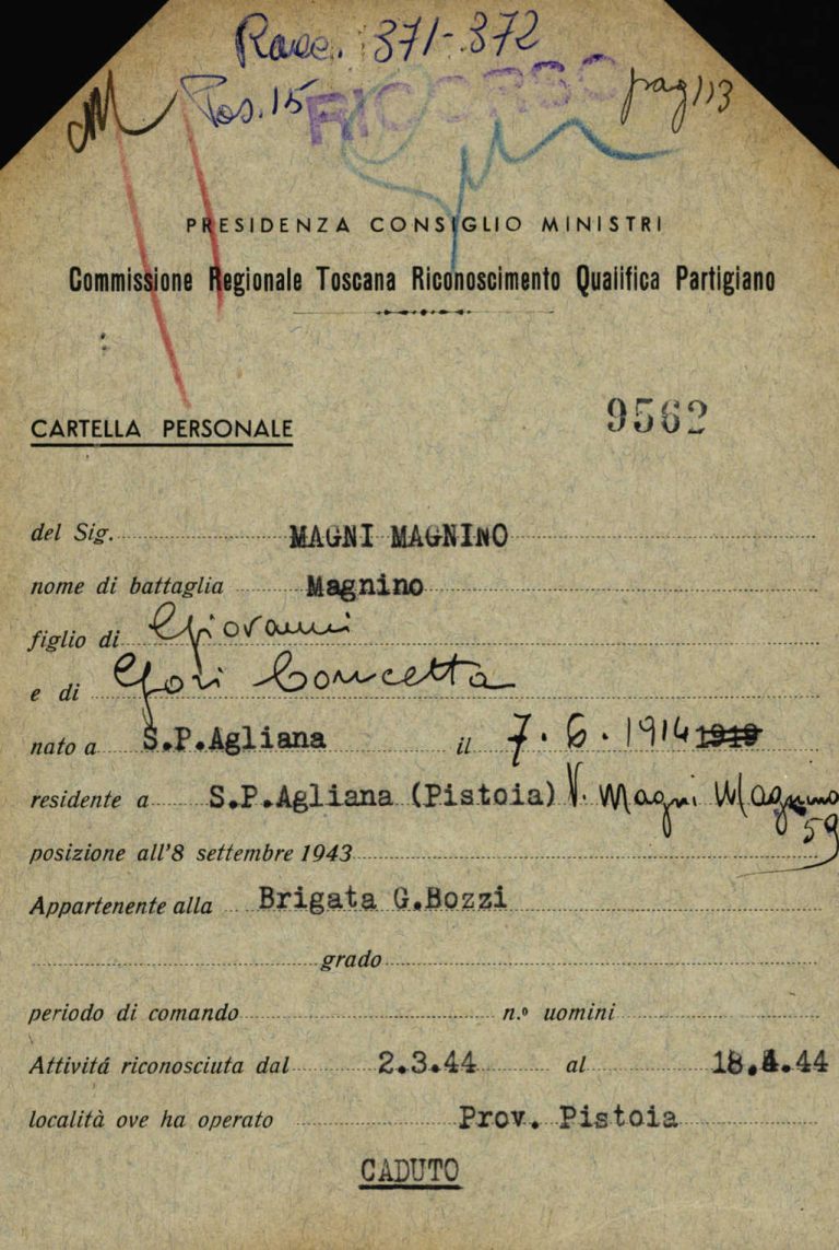 Scheda di riconoscimento di qualifica partigiano di Magnino Magni, Archivio Centrale dello Stato, fondo Ricompart
