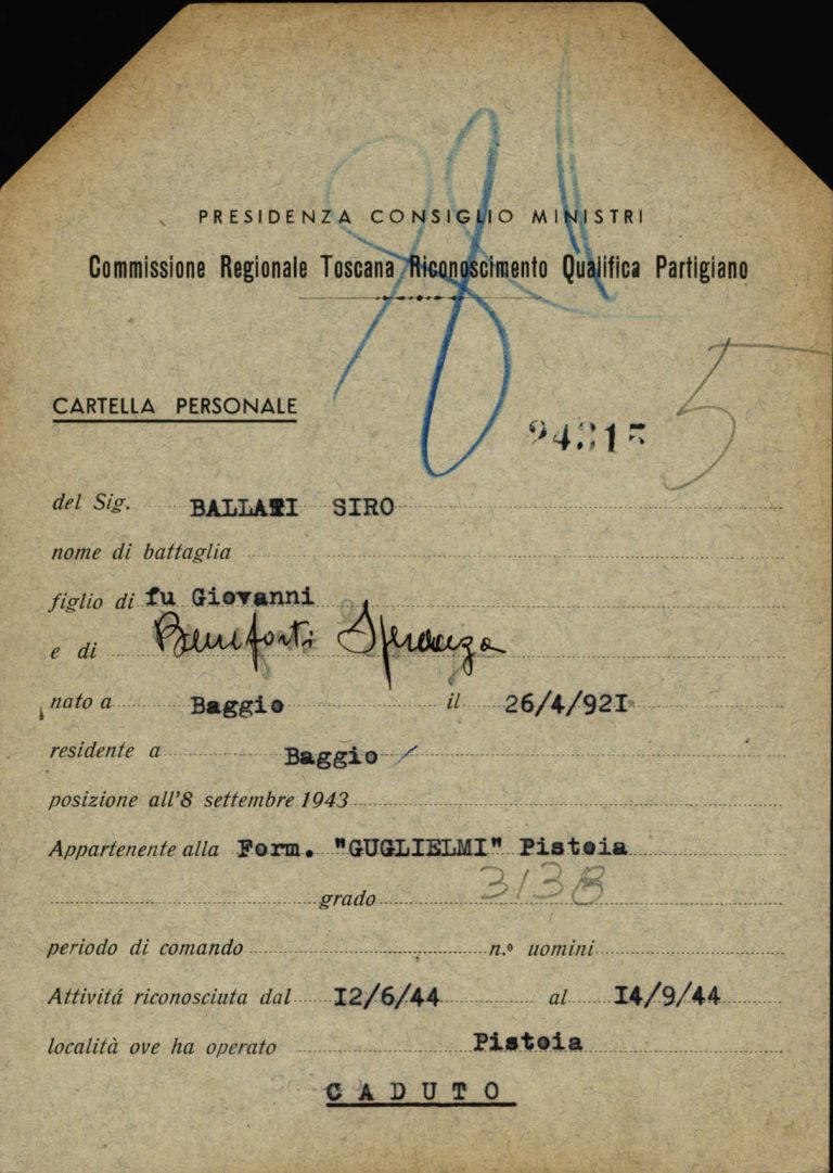Scheda di riconoscimento della qualifica di partigiano di Siro Ballati, Archivio centrale dello Stato, fondo Ricompart