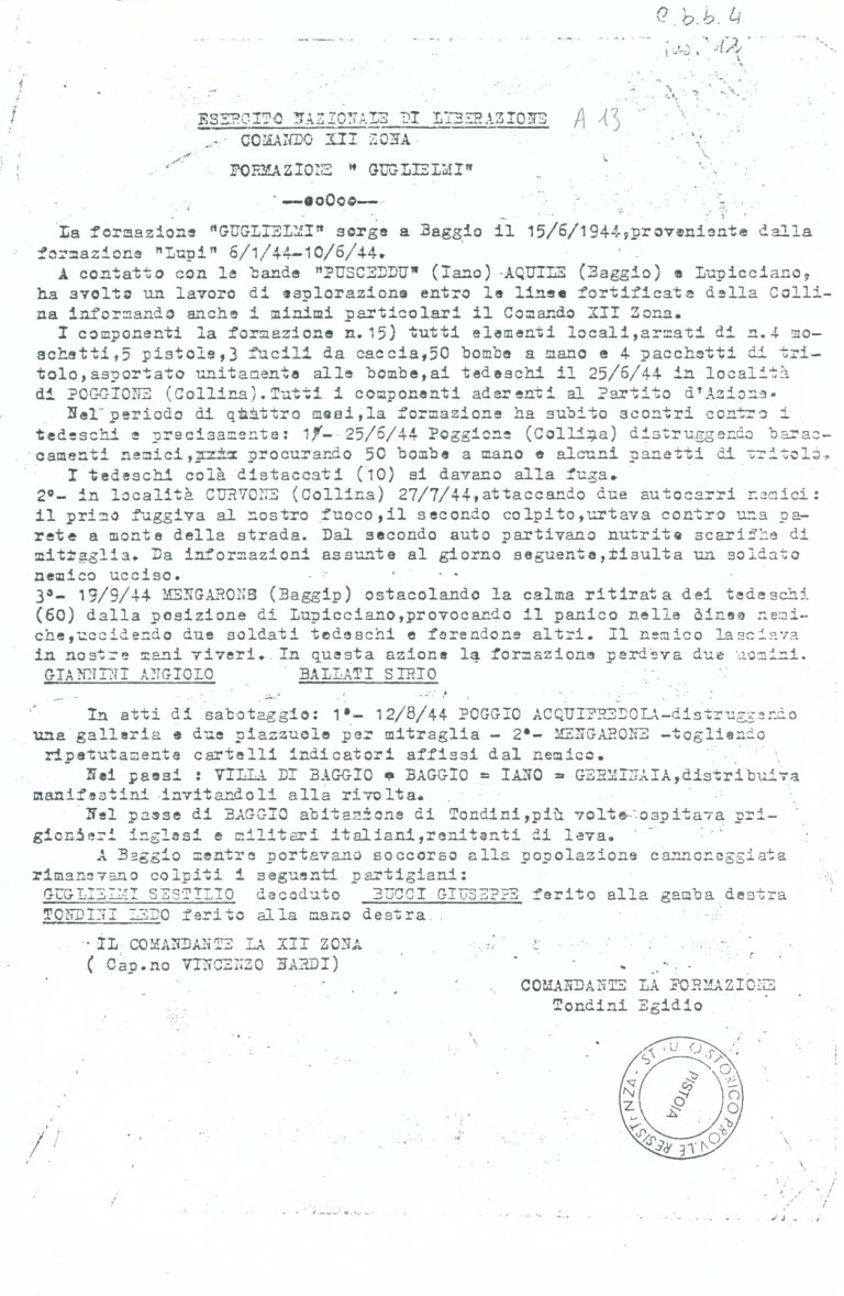 Relazione partigiana formazione Guglielmi, Archivio storico ISRPT