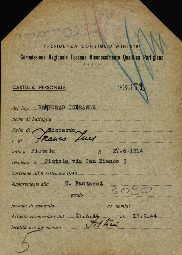 Scheda di riconoscimento della qualifica di partigiano di Israele Bemporad detto “Lele”, Archivio centrale dello Stato, fondo Ricompart