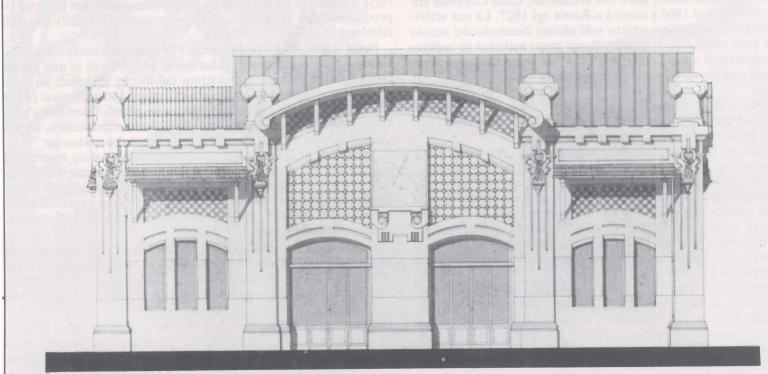 Prospetto della Palazzina Coppedè (tratto da: Gabriele Cacioli, Stefano Giobbi, Alfredo Signorini & Nevio Vanni, Le Officine Breda di Pistoia. Archeologia industriale e restauro, ECOP/Edizioni del Comune di Pistoia, Pistoia, 1981, p. 49)